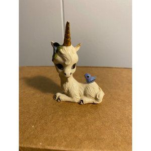 3" White Unicorn Ceramic Figurine with Gold Horn and Blue Bird blue Flower